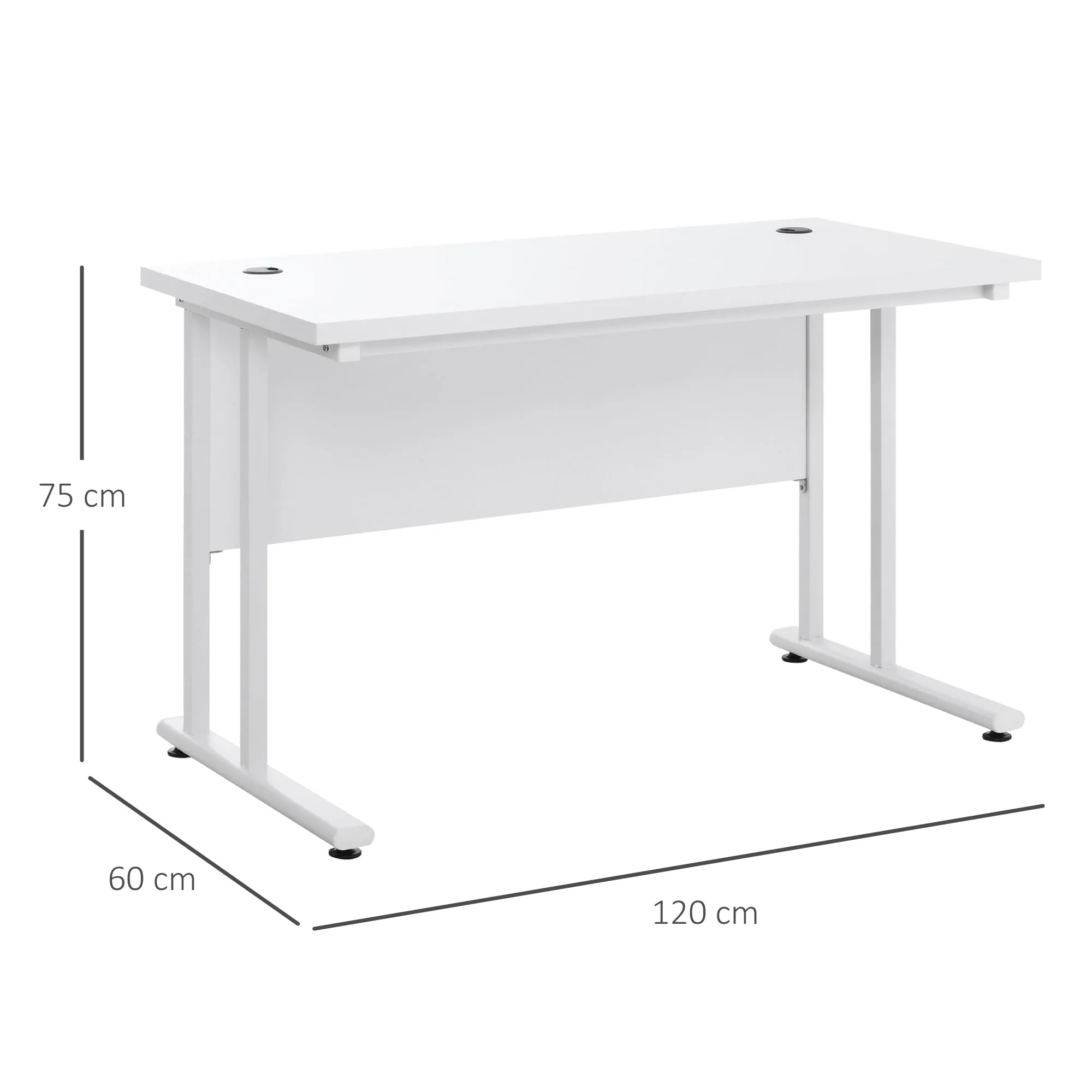 Computer Desk, Home Office Desk, Writing Table, 120x60x75cm Laptop Workstation with 2 Cable Management Holes, C Shaped Metal Legs, White