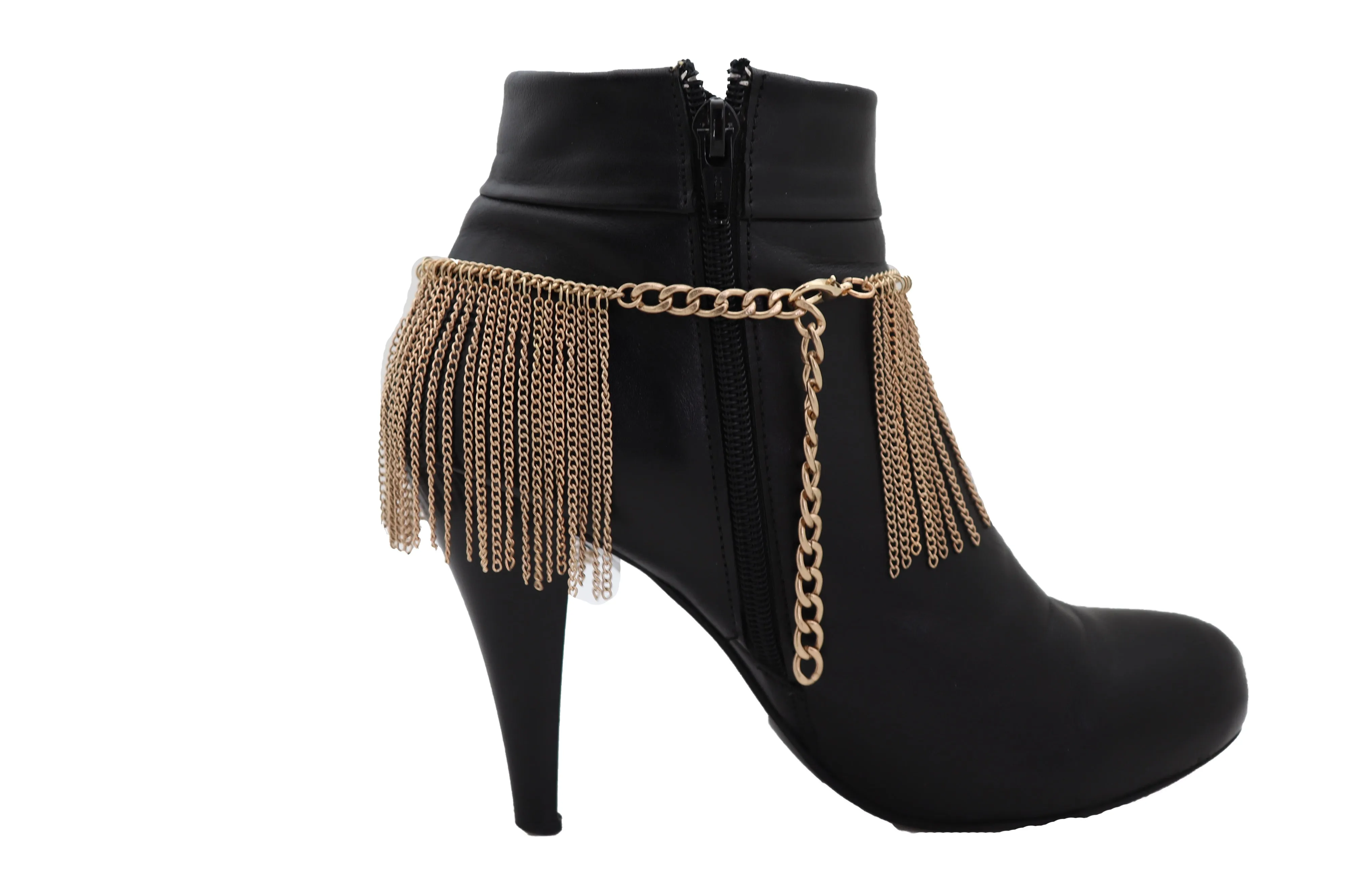 Gold Metal Chain Boot Bracelet Wrap Around Shoe Long Fringes Charm Anklet