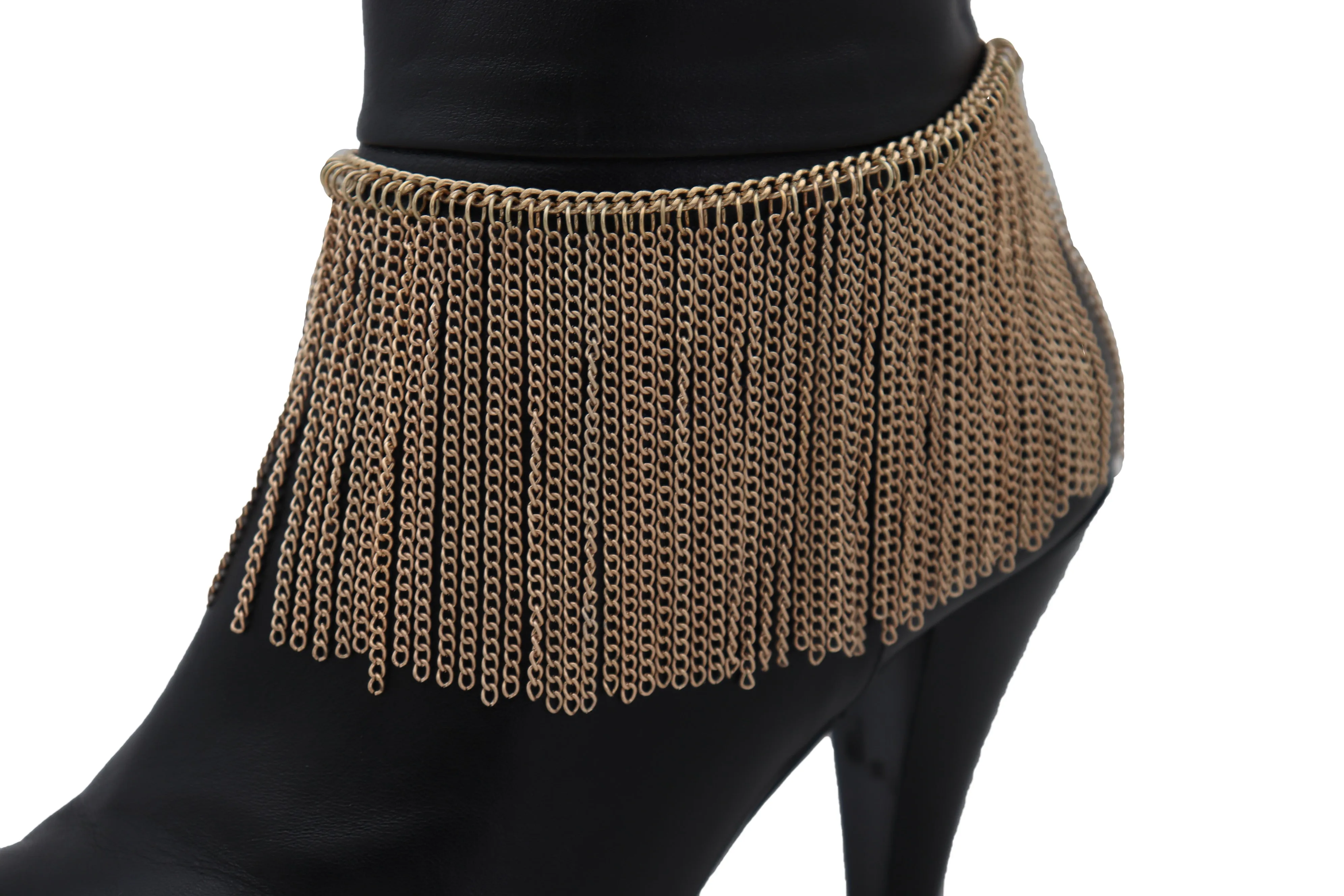 Gold Metal Chain Boot Bracelet Wrap Around Shoe Long Fringes Charm Anklet