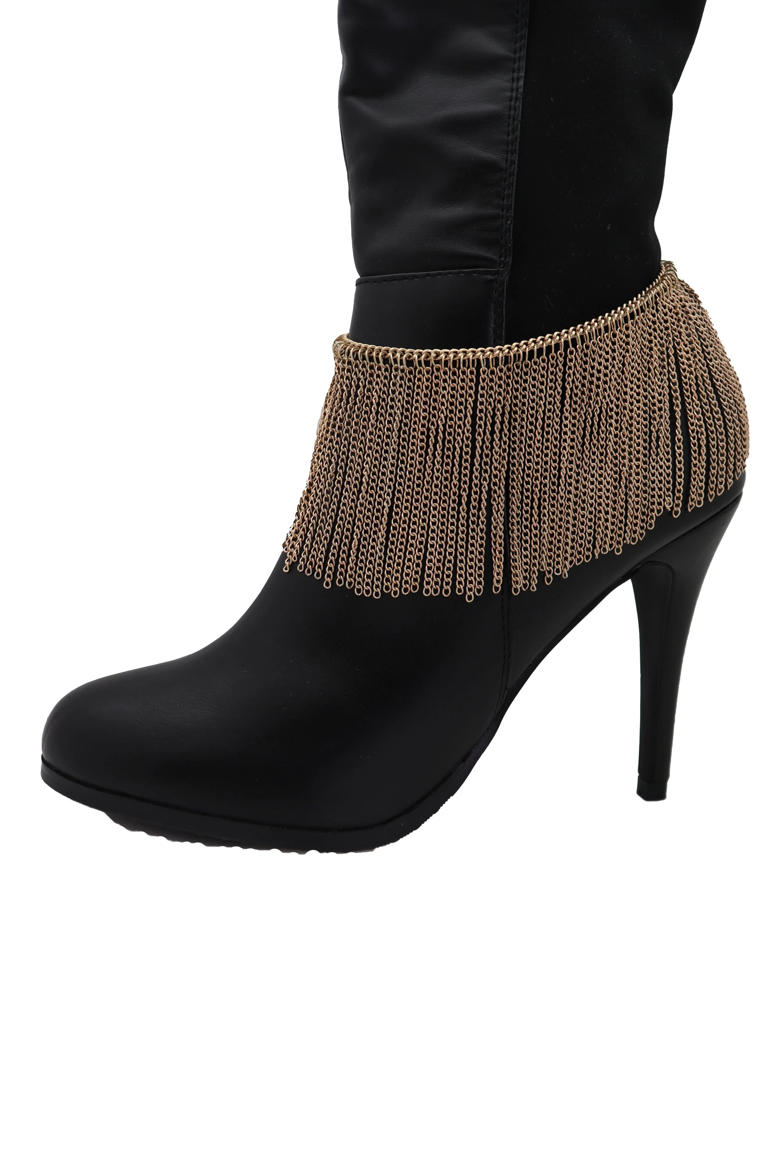 Gold Metal Chain Boot Bracelet Wrap Around Shoe Long Fringes Charm Anklet