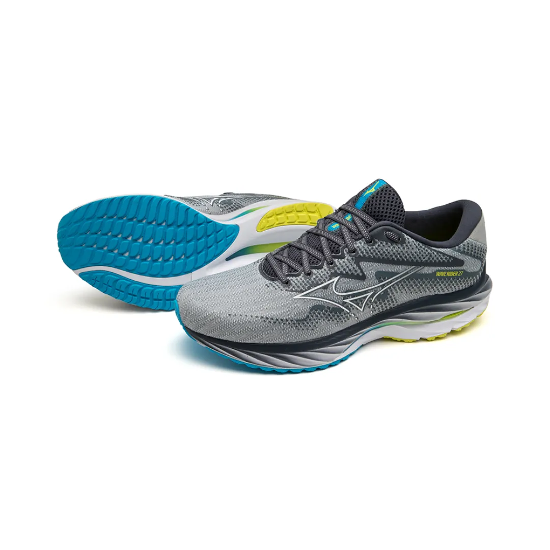 Mizuno Men's Wave Rider 27 2E - Pearl Blue/White/Volt 2 (Neon)