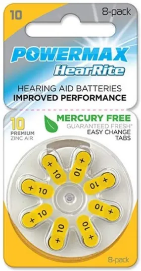 PowerMax Size A10 Hearing Aid Batteries (8 Pack), Size 10 Batteries