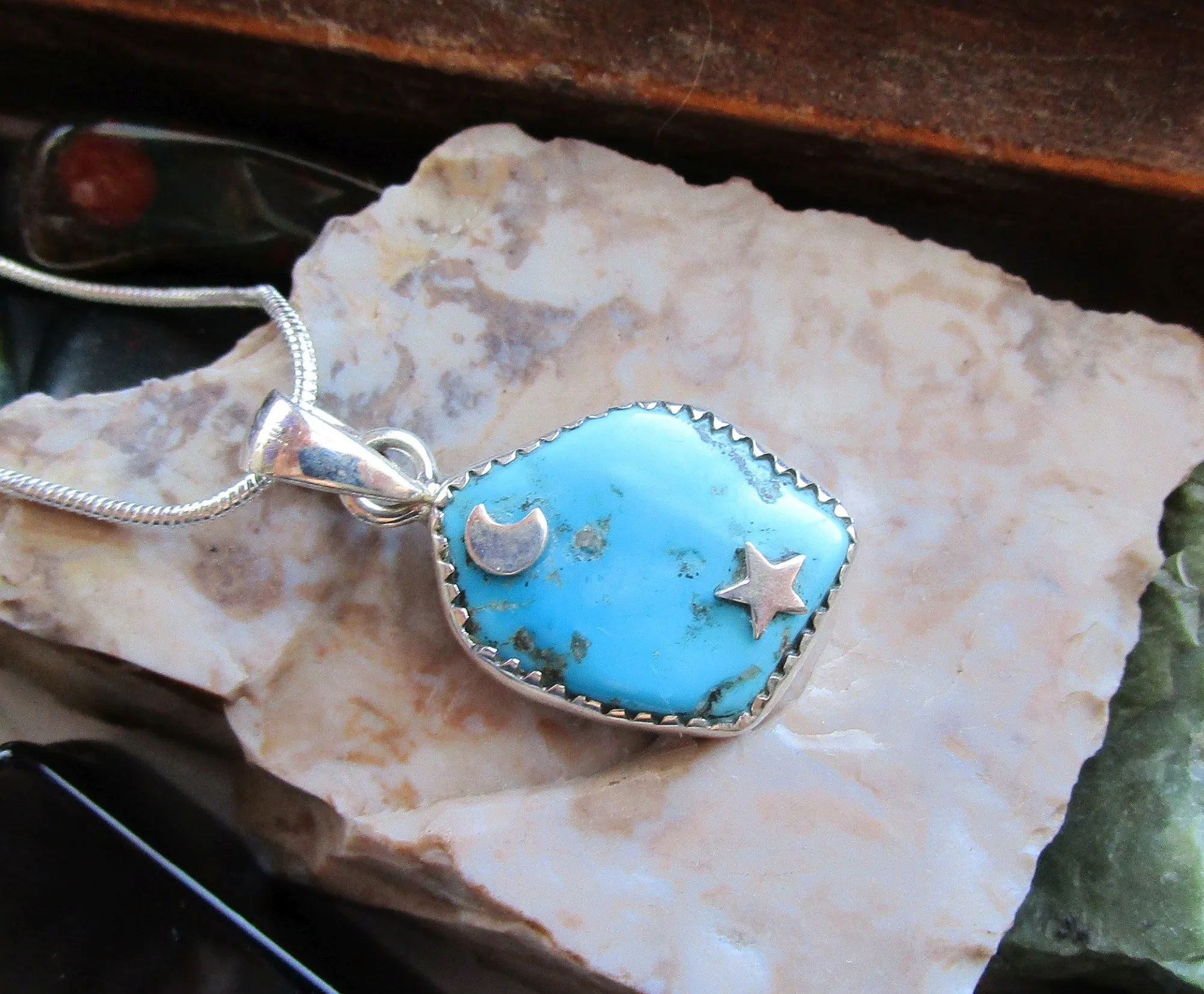 Sleeping Beauty Turquoise Gemstone Sterling Silver Moon and Star Pendant Necklace