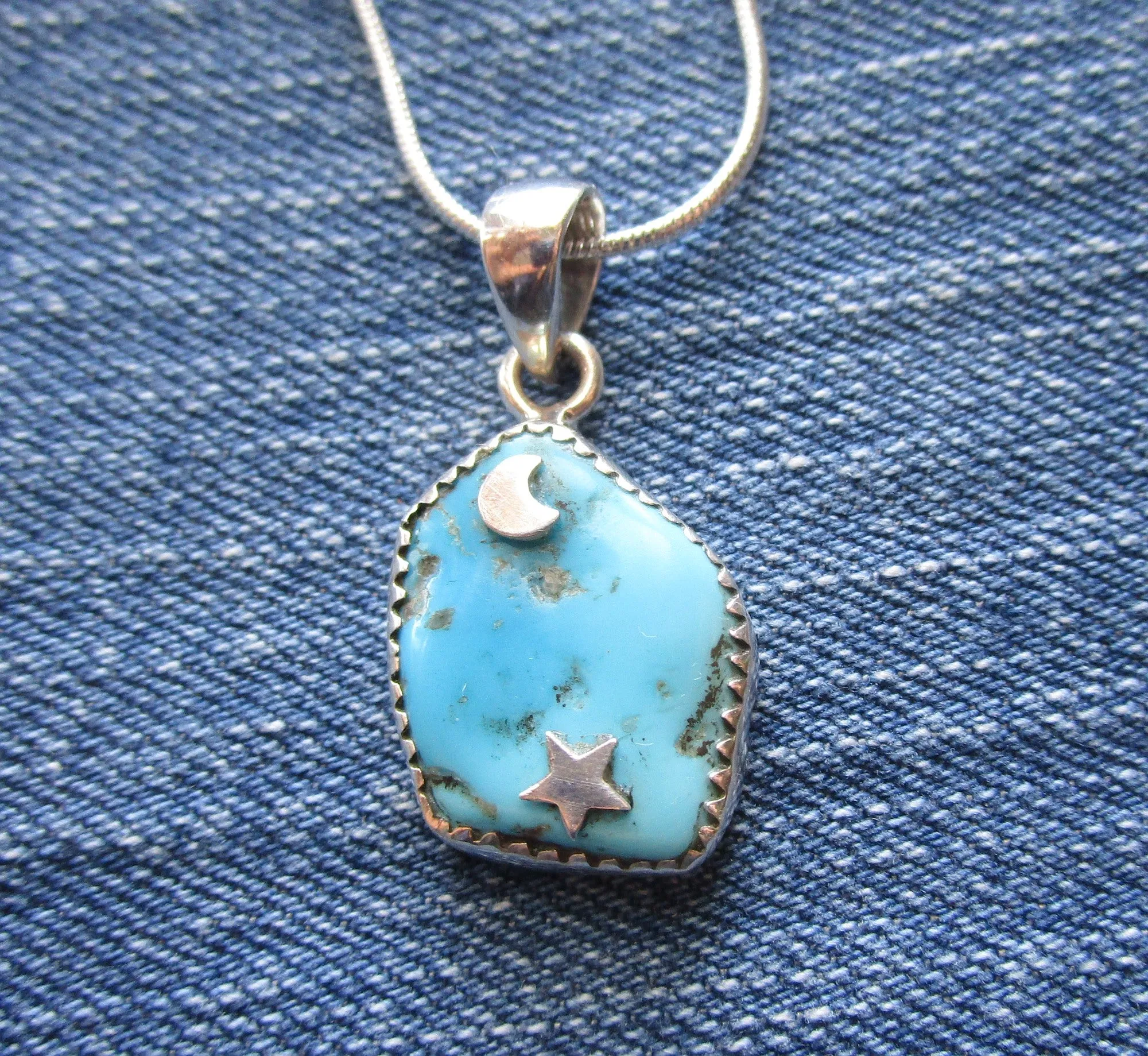 Sleeping Beauty Turquoise Gemstone Sterling Silver Moon and Star Pendant Necklace