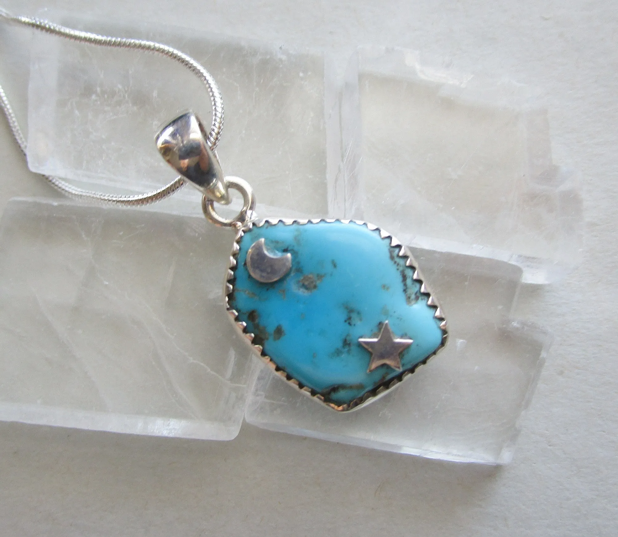 Sleeping Beauty Turquoise Gemstone Sterling Silver Moon and Star Pendant Necklace