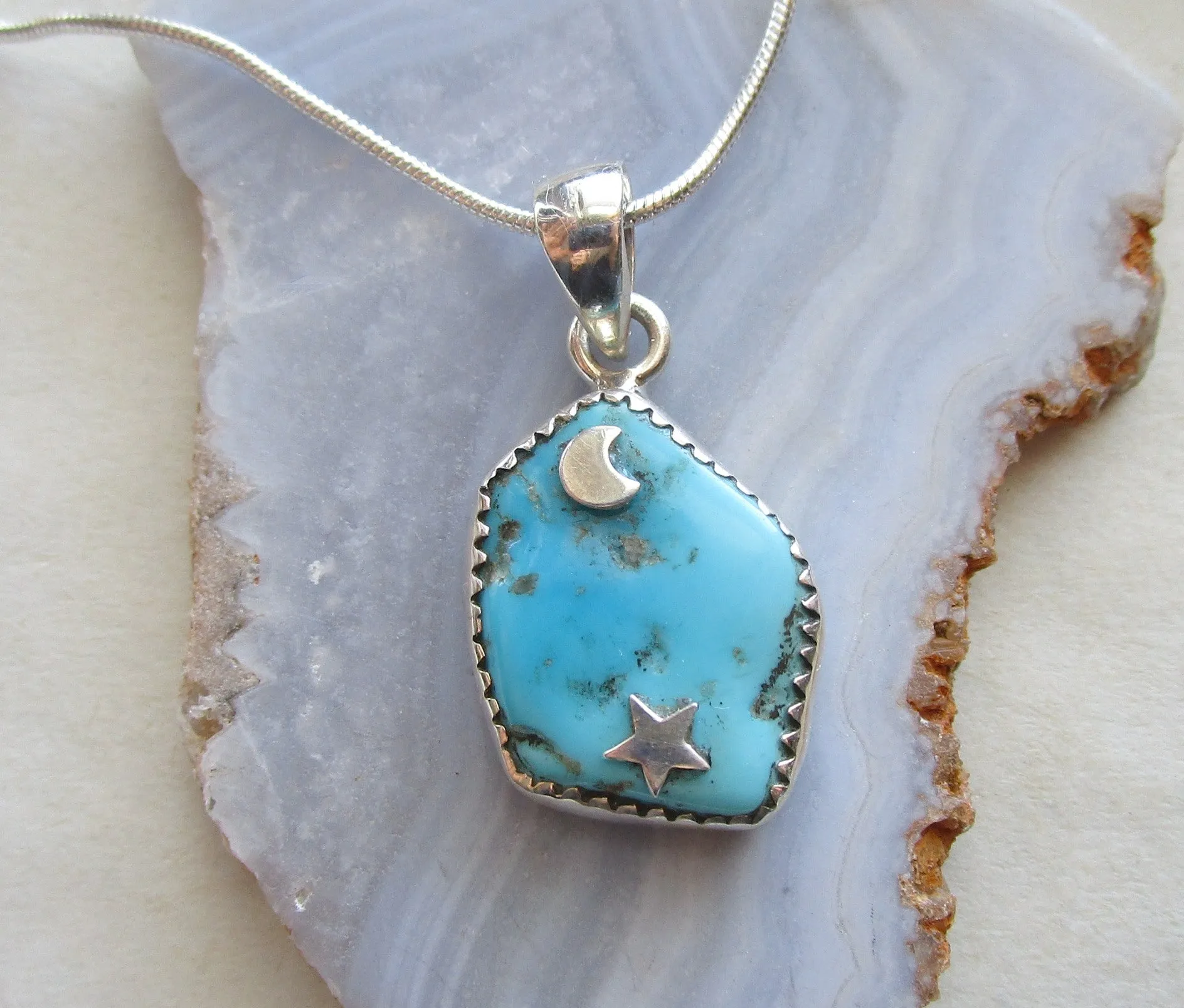 Sleeping Beauty Turquoise Gemstone Sterling Silver Moon and Star Pendant Necklace