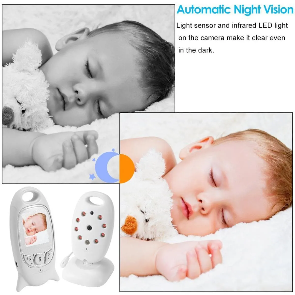 Video baby monitor wireless camera   2 way intercom audio   night vision   temperature sensor   8 lullaby   2 inch LCD screen   baby pet monitoring monitoring audio for home security, no need for WiFi VB601